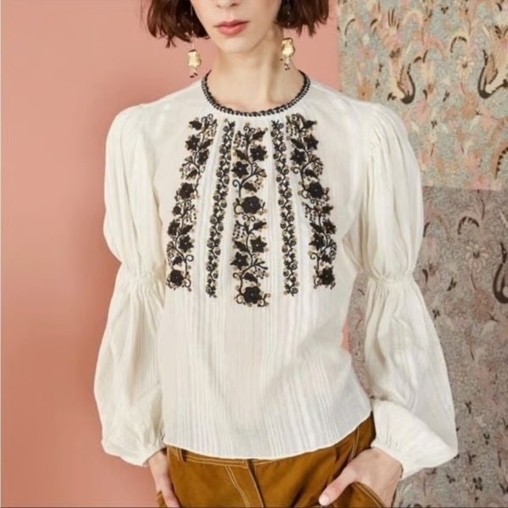 Ulla Johnson Vida Embroidered Puff Sleeve Cotton Blouse Size 8